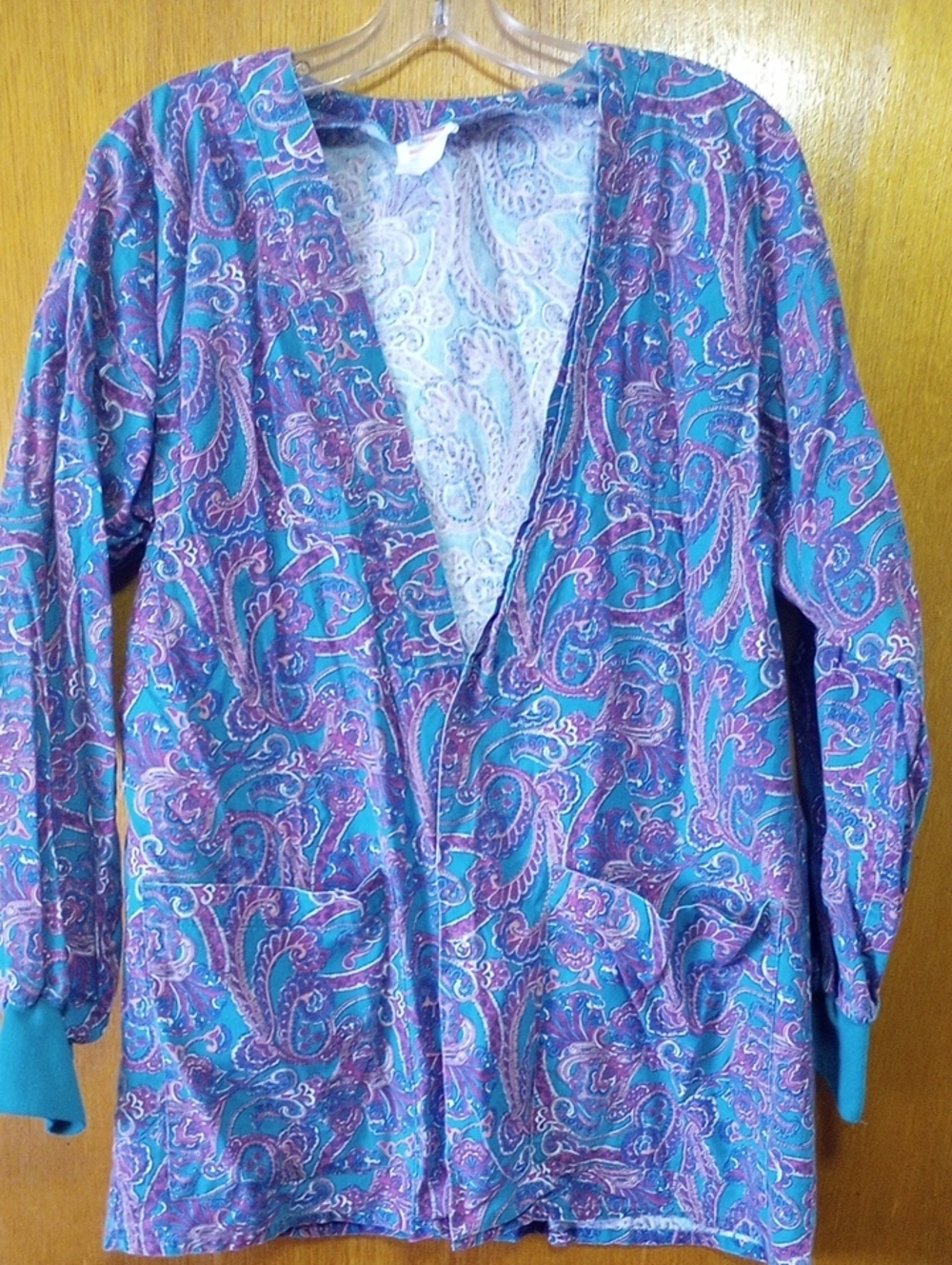 Tafford Colorful Paisley Cotton Scrubs Button Down Jacket, Purple Blue Aqua,Sz M